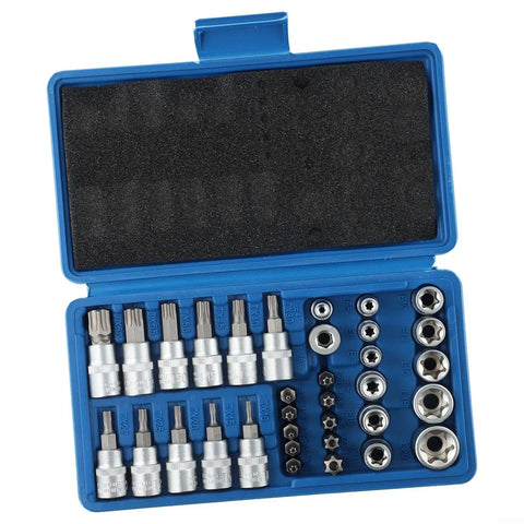 34 Piece Socket Set With Chrome Vanadium Star Sockets And E Security Bits For Auto Repair, 1/4 Inch And 3/8 Inch Drive Tool Kit