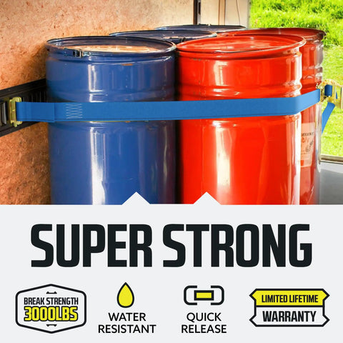 Heavy Duty 2 Inch by 16 Foot Ratchet Tie-Down Straps For E Track With Spring Fittings securing red and blue barrels in trailer