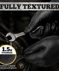 Close-up of TitanFlex heavy-duty black nitrile gloves, 6-mil textured, medium, 100-count box