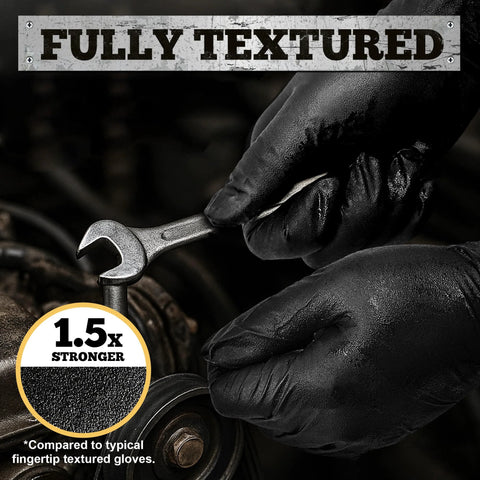 Close-up of TitanFlex heavy-duty black nitrile gloves, 6-mil textured, medium, 100-count box