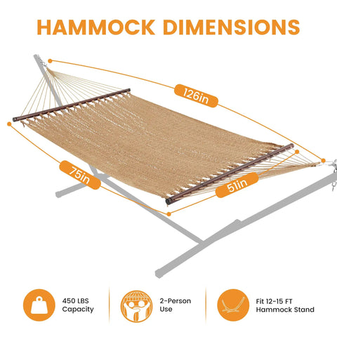 Caribbean Rope Hammock 10.5 Ft Double Outdoor Hammock With Spreader Bars Hand Woven Polyester Breathable Comfort 450 Lb Capacity Tan