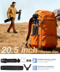 Man carrying 74 inch adjustable rifle tripod stand with V yoke gun rest, beefy aluminum shooting tripod and accessories in orange backpack