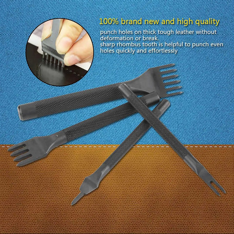 4mm Leather Lacing Stitching Chisels Kit 4 Pcs DIY Leather Hole Punch Tools Set for Handmade Crafting on blue and leather backdrop