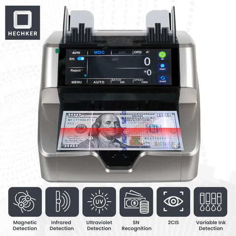 Front view of Bank Grade Money Counter For Mixed Denoms In USD CAD MXN GBP EUR With Touch Screen, UV MG IR MT Detection