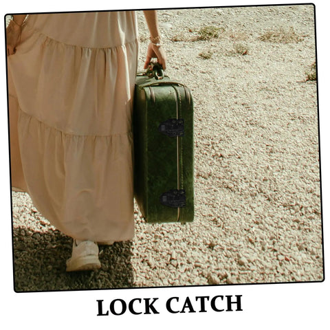 Person walking outside holding green suitcase secured with Retro Box Toggle Latch Padlock For Jewelry Boxes and Cabinets.