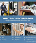 Collage showing uses of rags in various settings, highlighting versatility for professional and DIY use, including cleaning.