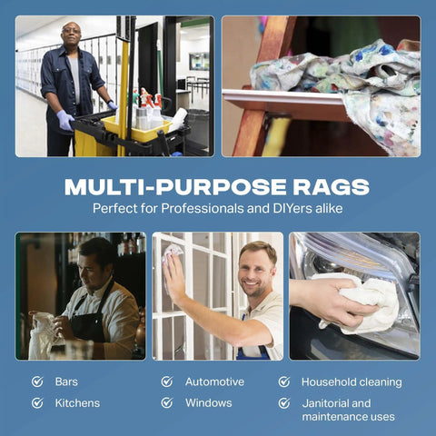 Collage showing uses of rags in various settings, highlighting versatility for professional and DIY use, including cleaning.