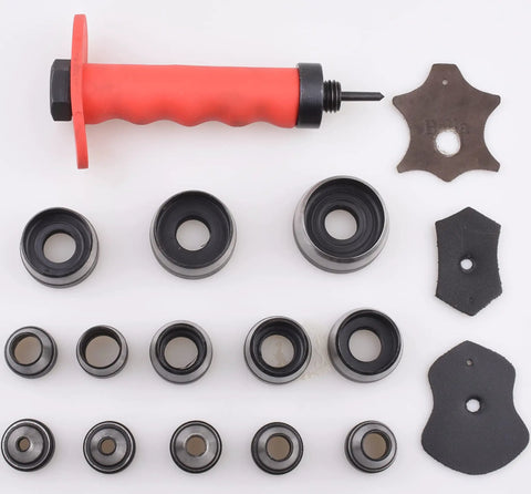 Pro Grade Leather Punch Set With 13 Hollow Punch Heads for clean holes and gaskets, includes pinpoint punch shaft and durable ABS case sizes.