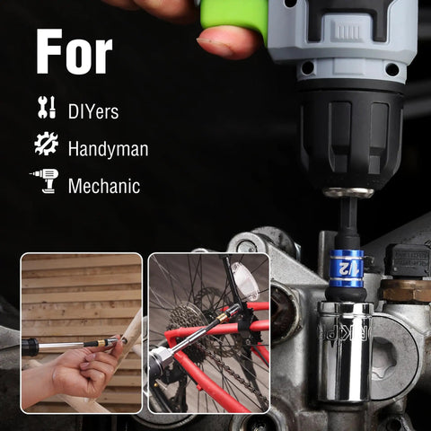 Impact Grade Socket Adapter Set for Quick Change Systems Converts From Hex Shank To One Quarter Inch Three Eighths Inch And One Half Inch Square Drives With Extension Bit Holder For Drills And High Torque Wrenches For Pros And DIYers shown in use on a bicycle and motorcycle engine