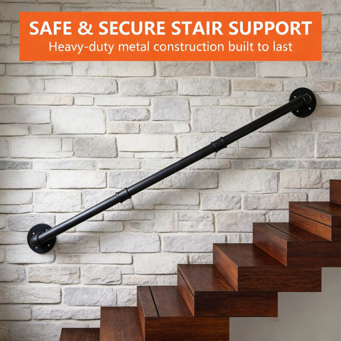 Heavy Duty Industrial Pipe Handrail For Indoor Stairs Wall Mount Metal Safety Rail Solid Staircase Grab Bar installed on stone wall.