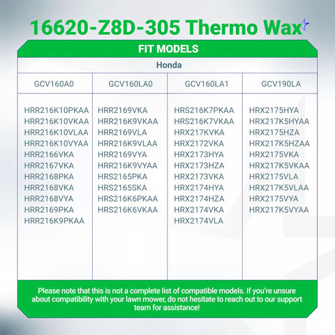Chart showing fit models for Thermowax Thermo Wax Assembly Direct Fit Replacement for Honda Mowers and Trimmers GCV160 GCV160LA0 GCV160L