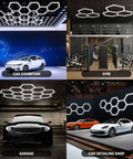 Linkable Hexagon LED Garage Light Kit, 105W 12600LM Daylight White, installed in car exhibition, gym, garage, and detailing shop.