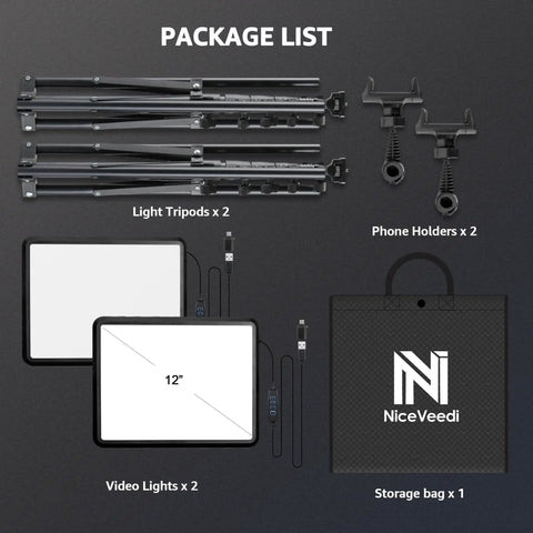 2 Pack LED Video Light Kit For Creators Dimmable Studio Lights 2800K To 6500K with tripods, 12-inch panels, and phone holders