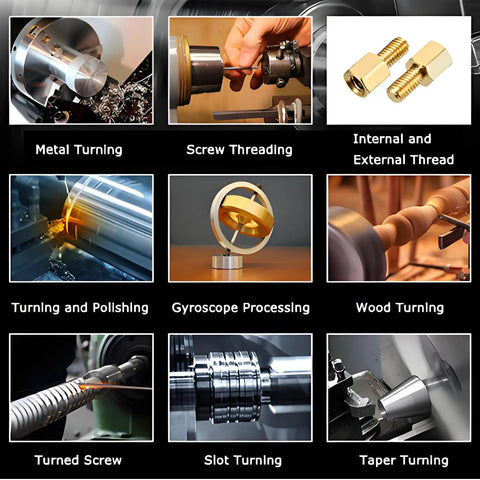 Collage of machining processes including metal turning and screw threading using 1100W Benchtop Mini Metal Lathe 8X24 Inch.