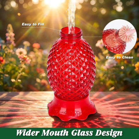 Red Glass Pineapple Hummingbird Feeder With Six Flower Ports 16 Oz Two Pack Leakproof And Easy To Clean shown with wider mouth
