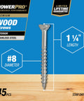 Stainless Steel Wood Screws Size Eight By One And Quarter Inch, 45 Pack, Star Drive shown with dimensions and features.