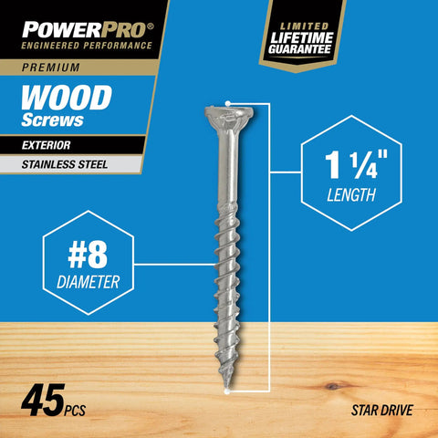 Stainless Steel Wood Screws Size Eight By One And Quarter Inch, 45 Pack, Star Drive shown with dimensions and features.
