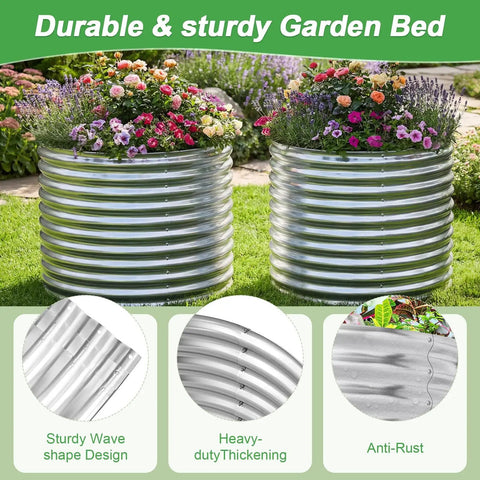 Two Pack Round Galvanized Raised Garden Bed For Outdoor Use, 3 By 3 By 3 Feet, Metal Planter Box for Veggies, Flowers, and Plants.