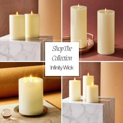 Flameless Pillar Candles With Remote Real Marble Wax 3 Pack 3 Inch Diameter Pillars 3D Flickering LED Flame Batteries Included Cozy Thanksgiving Table Decor shown on marble and wood surfaces.