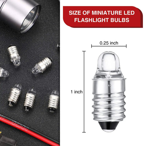 10 Pack E10 LED Bulbs For 3V Miniature Flashlights Replacement Bulbs Mini Lamps Cool White Light Glass Metal Construction