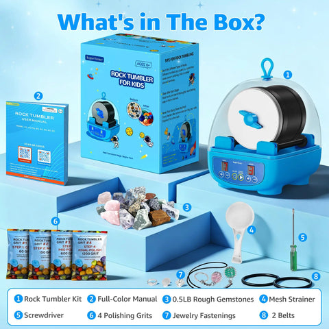 Kid Friendly Rock Tumbler Kit with accessories including rocks, manual, and tools, showcasing a complete beginner set for stone polishing.