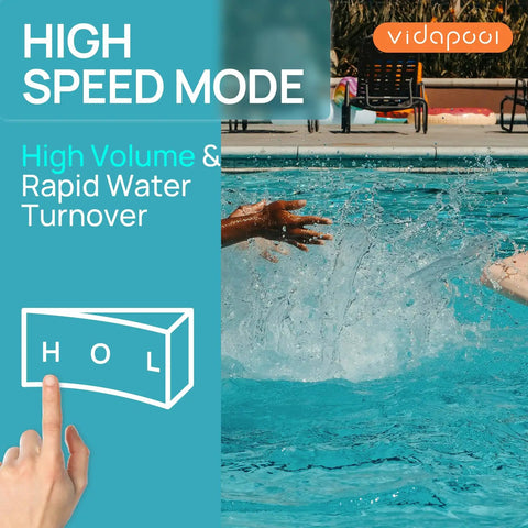 Pool with splashing water showing high-speed mode of Dual Speed 1.5HP Above Ground Pool Pump Self Priming High Flow 4750 GPH On High And 2100 GPH On Low.