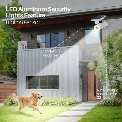 LED aluminum security lights on modern house, motion sensor tracking, visible dog on grass. Solar Motion Sensor Lights Outdoor Aluminum Flood Light For Exterior Security Cams And Pathways, 1400 Lumen Output (110W Equivalent) image.