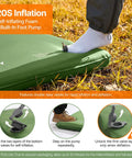 Person inflating Self Inflating Sleeping Pad With Built In Foot Pump 3 Inch Foam Memory Hybrid Mattress, green pad on grass.