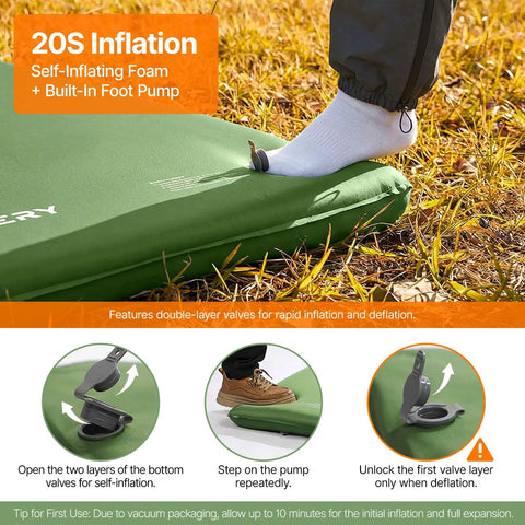 Person inflating Self Inflating Sleeping Pad With Built In Foot Pump 3 Inch Foam Memory Hybrid Mattress, green pad on grass.