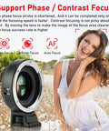 Canon EF To Sony E Mount Autofocus Speed Booster Adapter 0.71x shown next to a smiling woman outdoors.