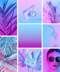 Collage with blue and purple tropical leaves, camera, cassette, drink, and woman. Must Have Cute Design Bubble Mailers 6x10 Inch 100 Pack