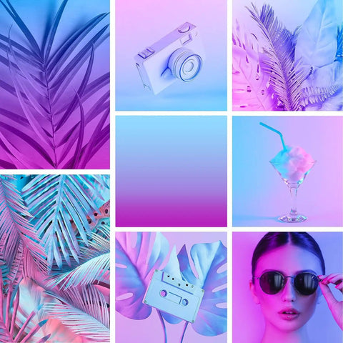 Collage with blue and purple tropical leaves, camera, cassette, drink, and woman. Must Have Cute Design Bubble Mailers 6x10 Inch 100 Pack