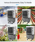 Portable Swamp Cooler With 100 Liter Water Tank And Three Wind Speeds in various environments including factory, farm, outdoor wedding, and entertainment venue.