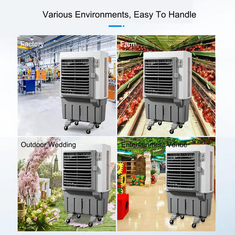 Portable Swamp Cooler With 100 Liter Water Tank And Three Wind Speeds in various environments including factory, farm, outdoor wedding, and entertainment venue.