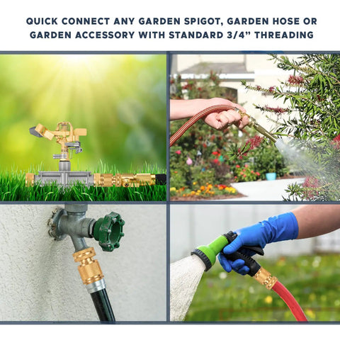 Solid Brass Garden Hose Quick Connect Set Three Quarter Inch GHT Thread Fittings in use for garden watering and irrigation