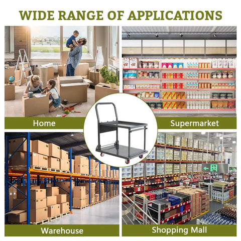 Heavy Duty Foldable Push Cart Dolly With Wheels 800 Lbs Load Capacity Two Tier Platform Truck For Garage Warehouse And Workshop Durable Steel Frame Foldable Design For Easy Storage, two-tier steel cart for home, supermarket, warehouse, shopping mall