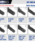 Lug Nut Key Set 16 Piece SAE And Metric Wheel Lock Removal Tool Kit In CrMo Steel with spline, star, hex, fluted keys sizes.