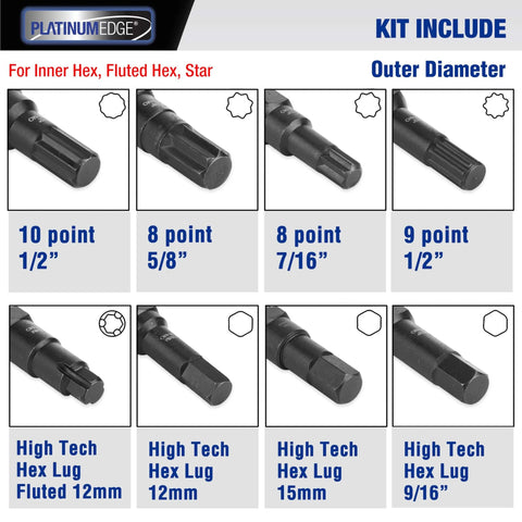 Lug Nut Key Set 16 Piece SAE And Metric Wheel Lock Removal Tool Kit In CrMo Steel with spline, star, hex, fluted keys sizes.