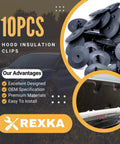 Rexka 10pcs hood insulation clips set, black plastic; packaging with Rexka logo and stacked clip image