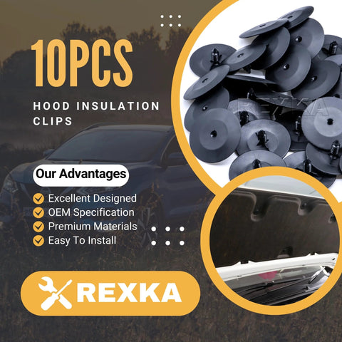 Rexka 10pcs hood insulation clips set, black plastic; packaging with Rexka logo and stacked clip image