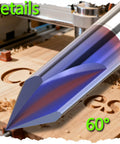 Close-up of Nano Blue Coated CNC Wood Engraving Router Bit 60° V carving on wood, showing engraving precision and detail.