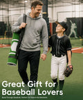 Man and child in baseball uniform holding 4 By 6.5 Ft Baseball Hitting Mat With Home Plate For Backyard Practice in garage or batting cage