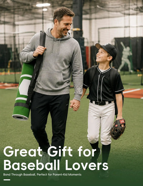 Man and child in baseball uniform holding 4 By 6.5 Ft Baseball Hitting Mat With Home Plate For Backyard Practice in garage or batting cage