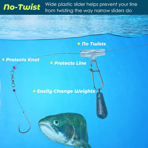 Sinker Slide Clips With Duo Lock Snaps For Lures, Sinker Weights, Floats, Swivels And Catfish Rigs underwater with fish.