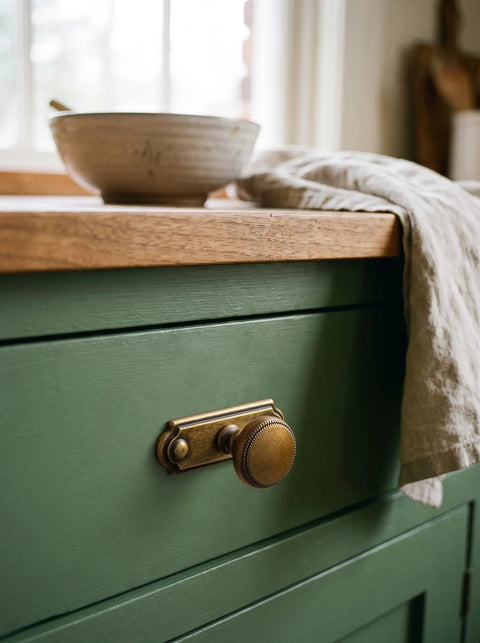 Killer Style Beaded Zinc Alloy Cabinet Knobs With Backplate Antique Brass 6 Pack for kitchen cabinets on green drawer.