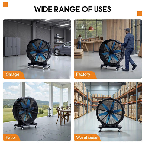 48 Inch Industrial Drum Fan With 17,660 CFM High Velocity Airflow in garage, factory, patio, and warehouse settings
