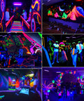 Glow-in-the-dark party room with neon decorations and people having fun under black lights, vibrant atmosphere.