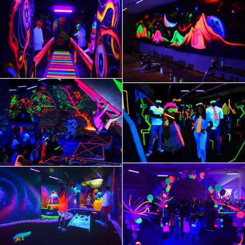 Glow-in-the-dark party room with neon decorations and people having fun under black lights, vibrant atmosphere.