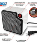 Desk-Friendly 250W Personal Space Heater For Desks And Small Rooms, showing white mini heater with power cord and features labeled