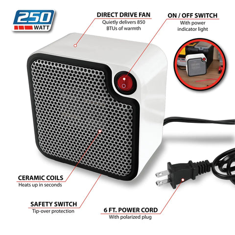Desk-Friendly 250W Personal Space Heater For Desks And Small Rooms, showing white mini heater with power cord and features labeled